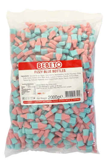 Bebeto Fizzy Blue Bottles 2kg Tub - Approximately 1000 bulk pieces of vibrant blue bubblegum or blue raspberry flavoured fizzy sour gummy bottle sweets by Bebeto.