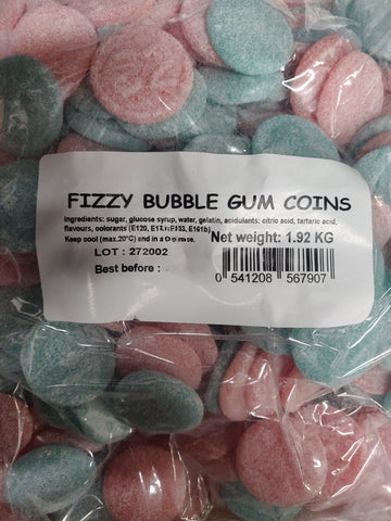 Finex Bubblegum Flavoured Coins Bulk Tub - Approximately 240 individual pink chewy coin-shaped sweets with a classic bubblegum taste (1920g).