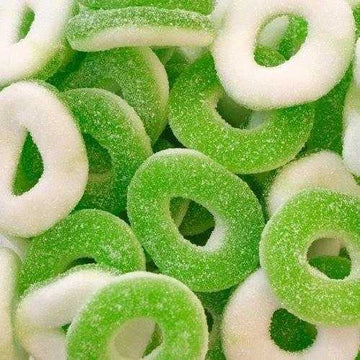 Dolce Apple Rings Bulk Tub - Approximately 240 tangy green apple flavoured chewy gummy ring sweets with a light sugar coating (1500g).