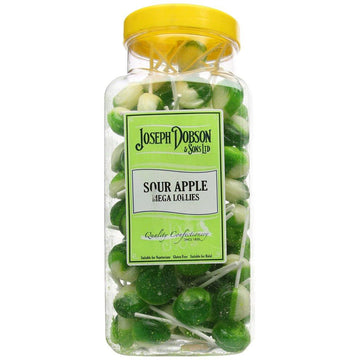 Dobsons Sour Apple Mega Lollies Bulk Tub - Tangy green apple flavoured hard candy lollipops
