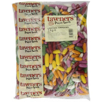 Taveners Liquorice Torpedoes 3kg Bulk Bag - Aniseed sweets with a crunchy colourful candy shell