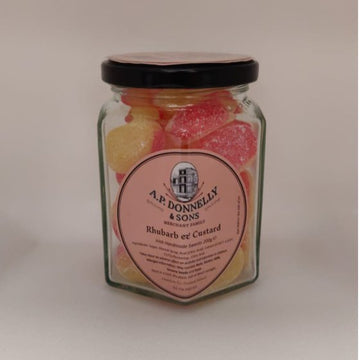 AP Donnelly Rhubarb & Custard 200g Glass Jar - Traditional Irish hard boiled sweets with the classic rhubarb and custard flavour, by AP Donnelly of Dublin.